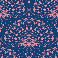 Seamless vector pattern with pink flower rainbow on blue background. Romantic baroque  floral wallpaper design. Vintage damask fashion textile.