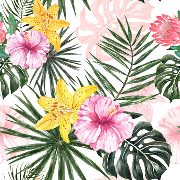 Watercolor Tropical leaf print with white background. Trendy summer botanical seamless pattern. Palm leaves and green foliage plants, pink and yellow exotic flowers and plants painting.