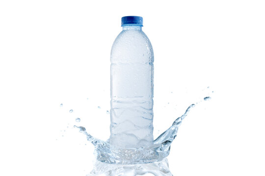 White background  photos  Water bottle hitting the ground, splash water, blue isolated. Have clipping path.
