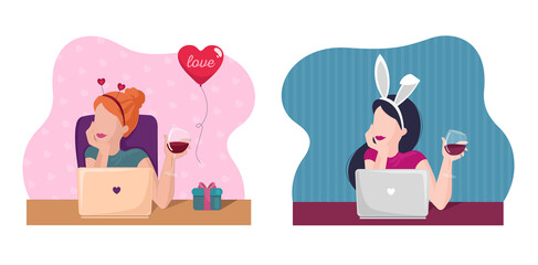 Set vector illustration young free woman's on online dating or try to found couple. Online chatting and drinking red wine. Flat illustration for web, landing page, banner.