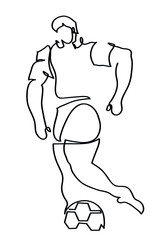 One line drawing of footballer isolated on the white.
One continuous line drawing of football player with ball.