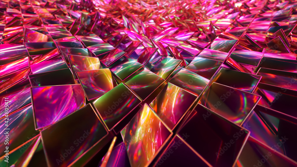 Poster abstract background of reflective holographic cubes creating a wave surface. modern neon lighting, t