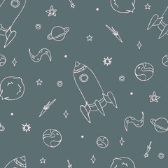 Seamless vector pattern with outlined spaceship on grey background. Decorative space wallpaper design for children. Hand drawn galaxy fashion textile.