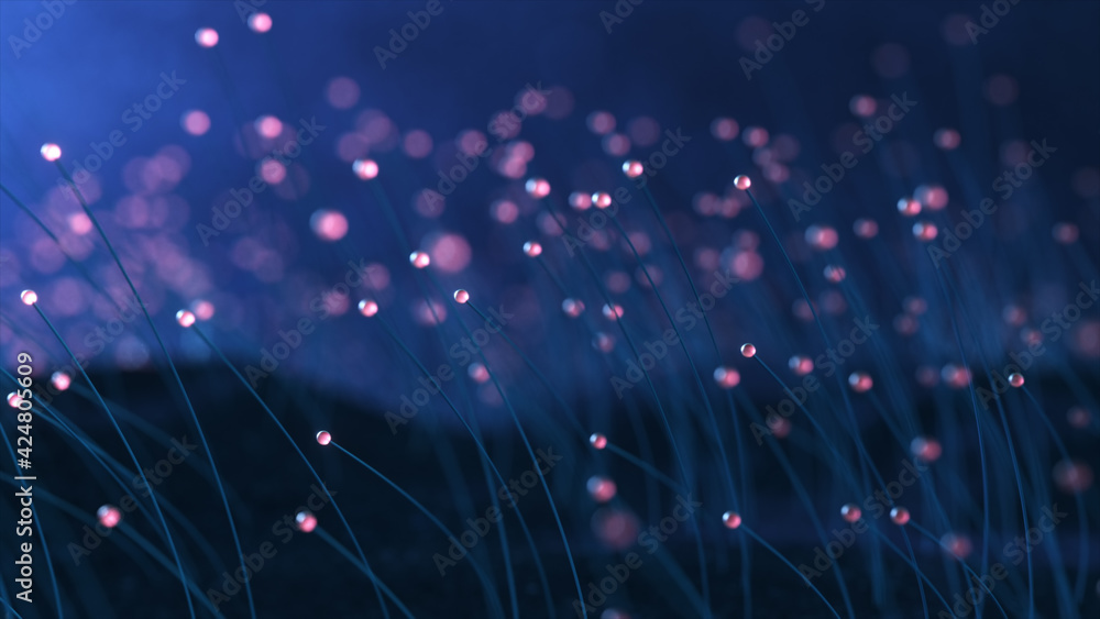 Poster 3d rendering colorful particle line like a flower grow. glowing lines and light particles on dark bl
