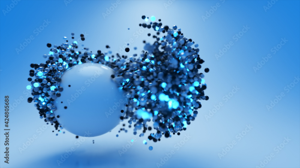 Poster dynamics of abstract blue glowing particle spheres. a large sphere attracts small. scientific concep