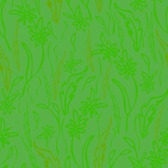 Seamless vector pattern with flower meadow texture on green background. Simple grass wallpaper design. Soft summer field fashion textile.