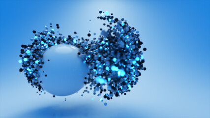 Dynamics of abstract blue glowing particle spheres. A large sphere attracts small. Scientific concept.. Abstract technology, engineering and artificial intelligence motion background. 3D animation