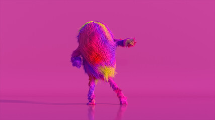 Obraz premium Cheerful colorful hairy cartoon dancing character, furry animal, having fun, furry mascot 3d illustration. Modern minimalist design.