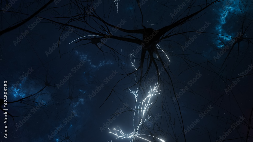 Poster 3d illustration of the activity of neurons and synapses. neural connections in outer space, radioact