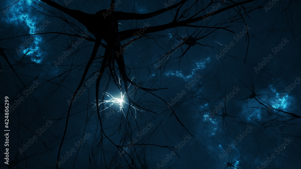 Poster 3d illustration of the activity of neurons and synapses. neural connections in outer space, radioact
