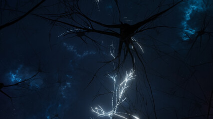 3d illustration of the activity of neurons and synapses. Neural connections in outer space, radioactivity, neurotransmitters, brain, axons. Electrical impulses transmitting signals. Mind concept.