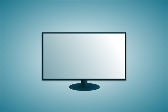 Blank screen of widescreen smart tv (television) with tv stand on blue background. 3d illustration, vector.