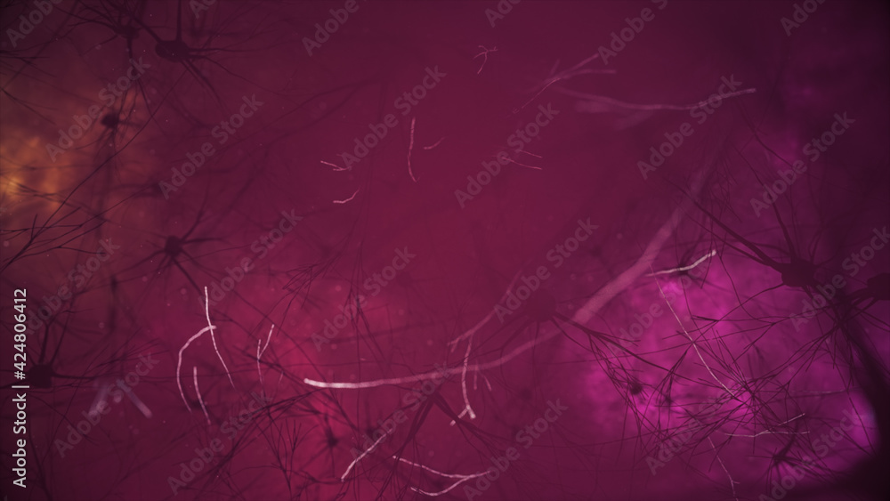 Poster 3d illustration of the activity of neurons and synapses. neural connections in outer space, radioact