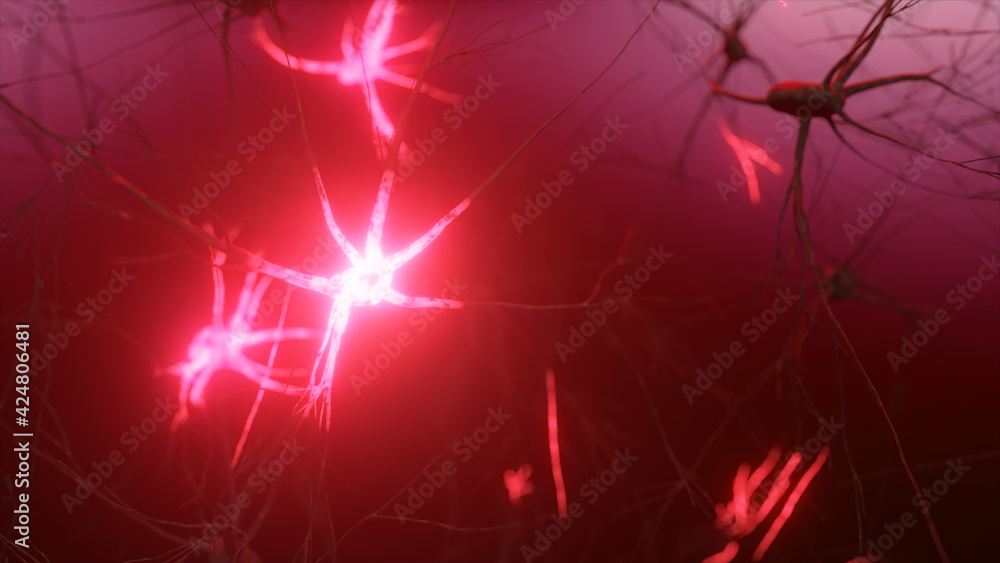 Poster 3d illustration of the activity of neurons and synapses. neural connections in outer space, radioact