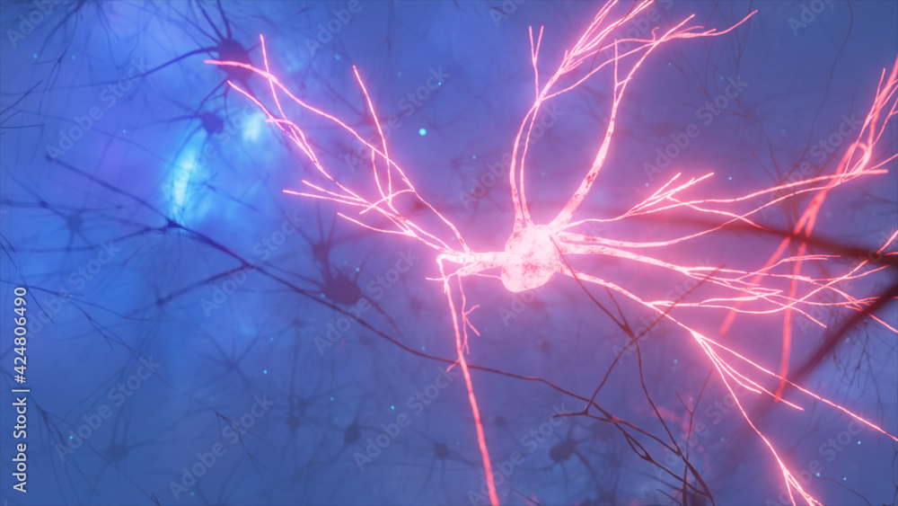 Poster 3d illustration of the activity of neurons and synapses. neural connections in outer space, radioact