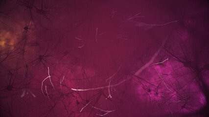 3d illustration of the activity of neurons and synapses. Neural connections in outer space, radioactivity, neurotransmitters, brain, axons. Electrical impulses transmitting signals. Mind concept.