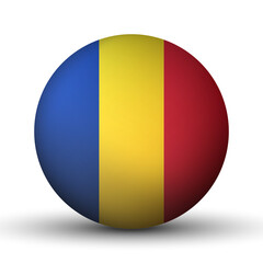 Glass light ball with flag of Romania. Round sphere, template icon. Romanian national symbol. Glossy realistic ball, 3D abstract vector illustration highlighted on a white background. Big bubble