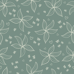 Flowers vector seamless pattern. Floral background with white leaves and plants. Hand drawn botanic texture in doodle style