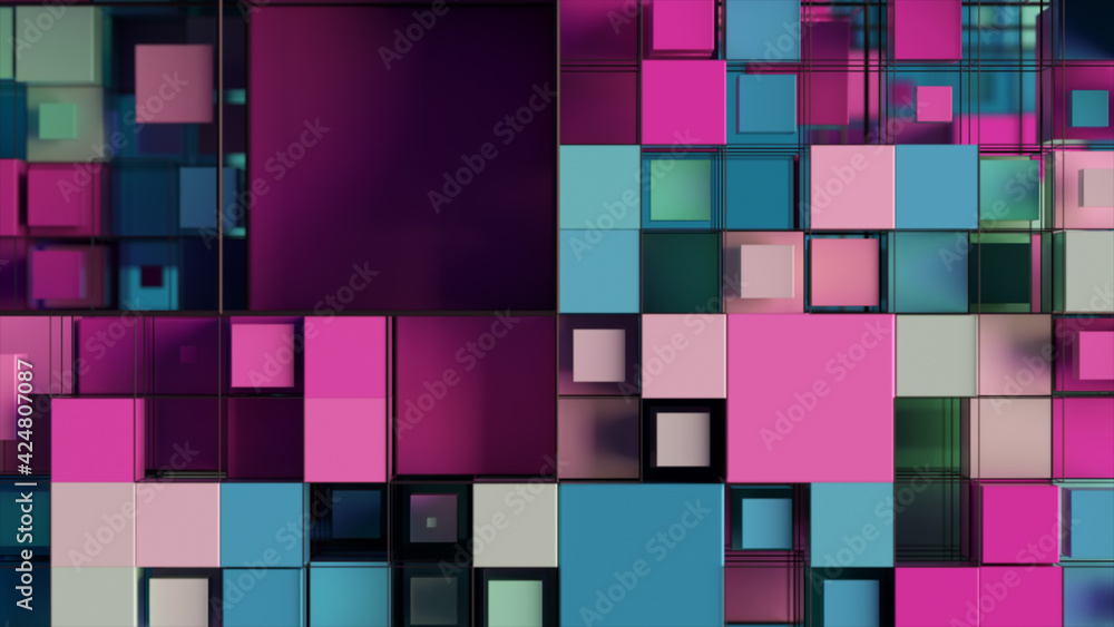 Poster abstract background with motion cubes. an array of different sized squares in a grid. 3d illustratio