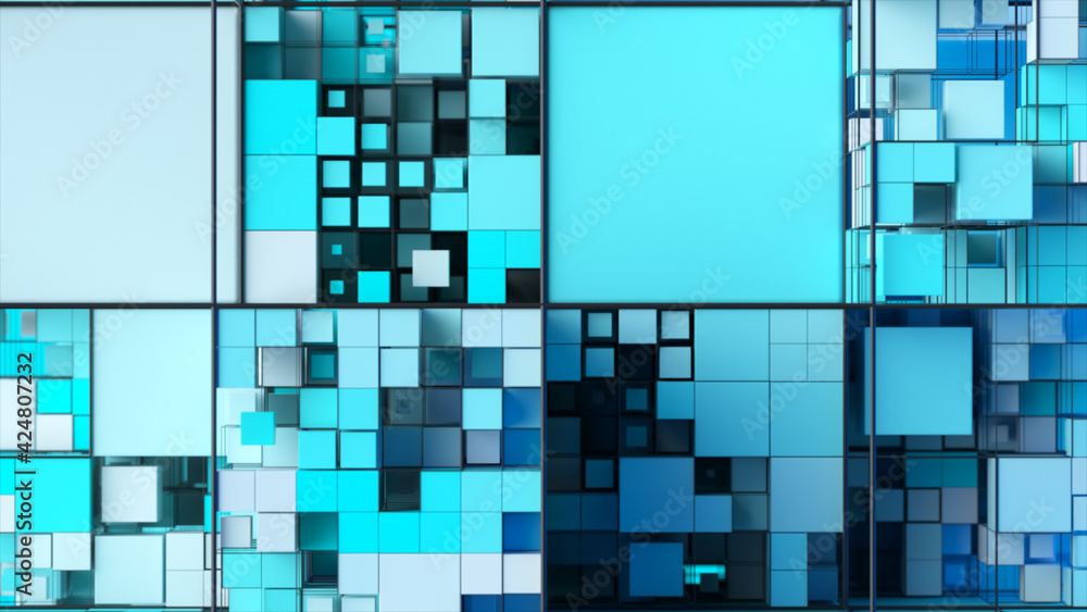 Poster abstract background with motion cubes. an array of different sized squares in a grid. 3d illustratio