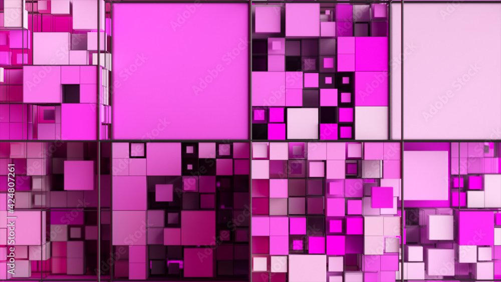Poster abstract background with motion cubes. an array of different sized squares in a grid. 3d illustratio