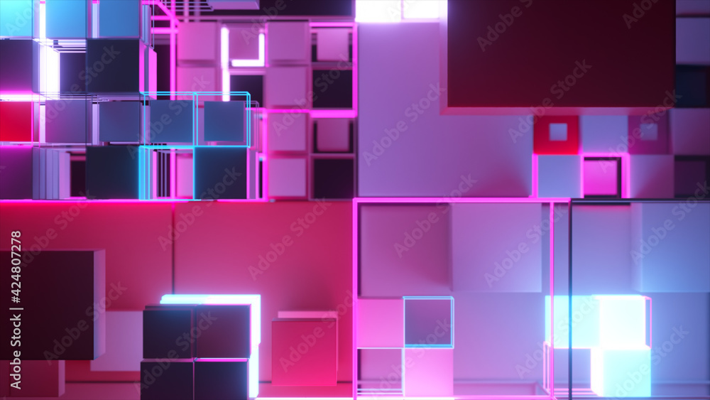 Poster abstract background with motion cubes. an array of different sized squares in a grid. 3d illustratio
