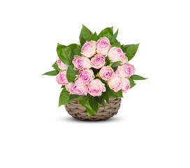 rose pink bouquet of flowers beautiful in basket pots isolated​ on ​white​ background​ with​ clipping​ path​