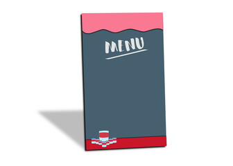 Blank black blackboard or chalkboard with red frame and can of condensed milk on white background. Menu board with text for restaurant or coffee shop.