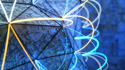 Abstract volumetric polygon with connecting neon lines at the corners. Technological concept. 3d illustration