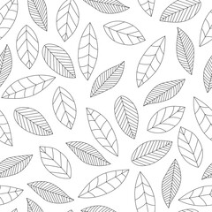 Black contour leaves seamless pattern on white background. Vector illustration. Endless abstract texture.