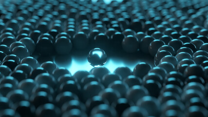 Obraz premium Array of dynamic glass spheres around one glass sphere. Social concept. 3d illustration