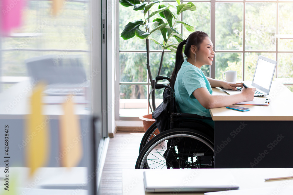 Wall mural business woman on wheelchair in meeting room at modern office. business people working together as t