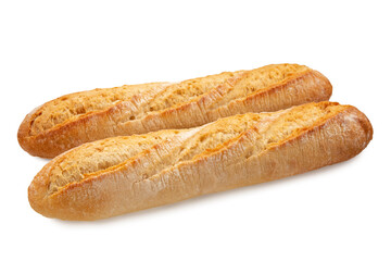 two fresh crunchy french baguette breads isolated on white