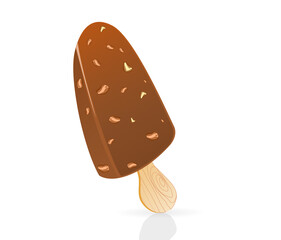 Popsicle sticks of vanilla ice cream coated with chocolate and peanut on white background.
