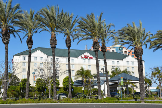 ANAHEIM, CALIFORNIA - 31 MAR 2021: Hilton Garden Inn on Harbor Boulevard, in the Anaheim Resort Area near Disneyland.