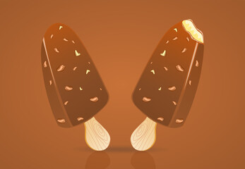 Two popsicle sticks of vanilla ice cream coated with chocolate and peanut on dark brown background. One ice cream stick has been bitten.