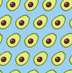 Seamless pattern with drawn avocado slises to the blue background
