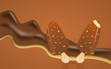 Two popsicle sticks of vanilla ice cream coated with chocolate and peanut with flowing of chocolate and vanilla liquid on brown background with free copy space. One ice cream stick has been bitten.