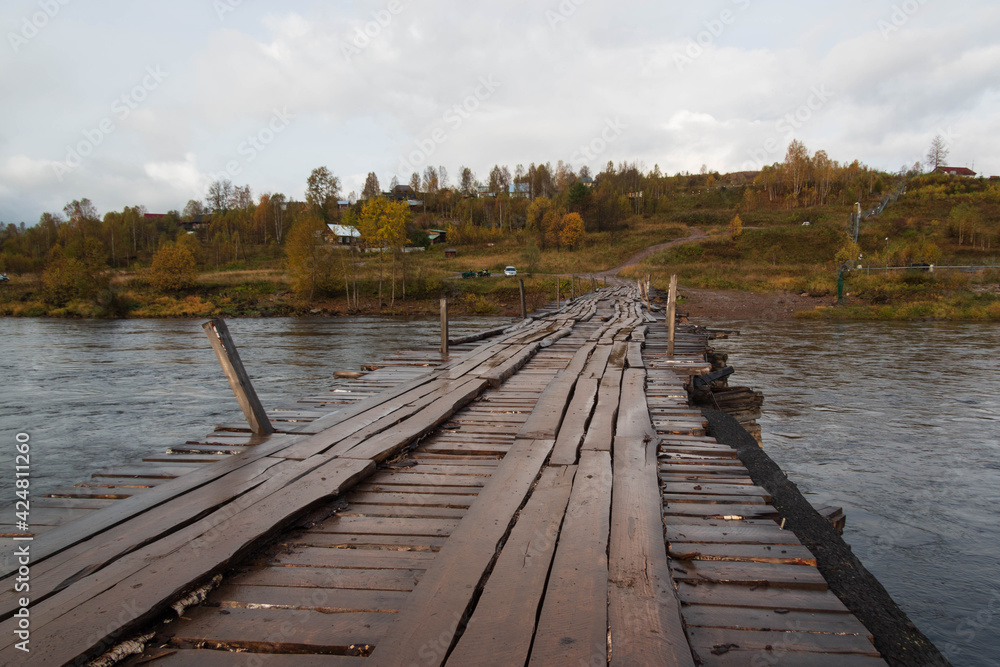 Wall mural old wooden bridge for cars