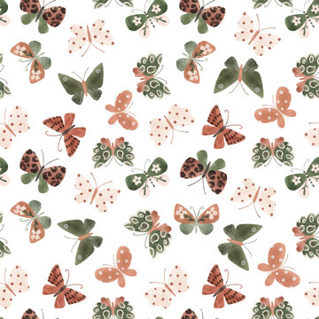Beautiful vector seamless pattern with cute watercolor butterflies. Stock illustration.