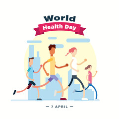 World Health Day 7 April poster, people running and jogging, morning walk illustration vector