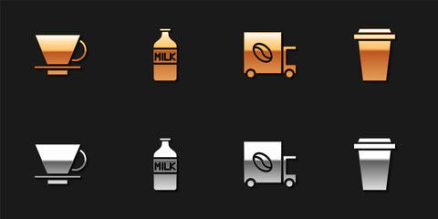 Set V60 coffee maker, Bottle with milk, Coffee street truck machine and cup to go icon. Vector