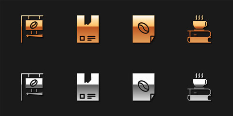 Set Street signboard coffee, Bag beans, Coffee poster and cup and book icon. Vector