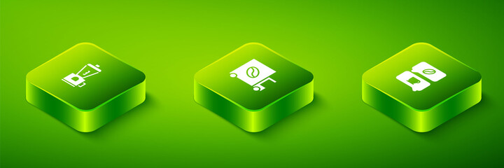 Set Isometric Coffee street truck machine, and conversation and Electric coffee grinder icon. Vector