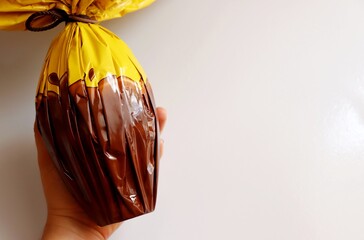 Hand holding Chocolate Easter egg, wrapped in colorful papers. Easter in Brazil concept. Chocolate egg.
