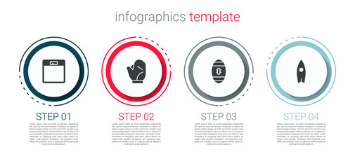 Set Bathroom scales, Baseball glove, American Football and Surfboard. Business infographic template. Vector