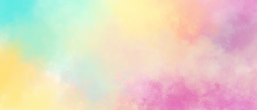 Colorful watercolor background of abstract sunset sky with puffy clouds in bright rainbow colors of pink green blue yellow and purple