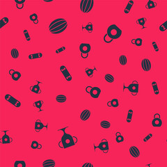 Set Award cup, Rugby ball, Skateboard trick and Kettlebell on seamless pattern. Vector