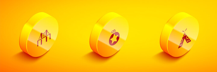 Set Isometric Golden gate bridge, Canteen water bottle and Indian teepee or wigwam icon. Vector © Kostiantyn