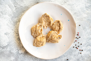 fresh soy meat vegetable protein seitan raw pieces snack healthy meal copy space vegan or vegetarian food background rustic top image 